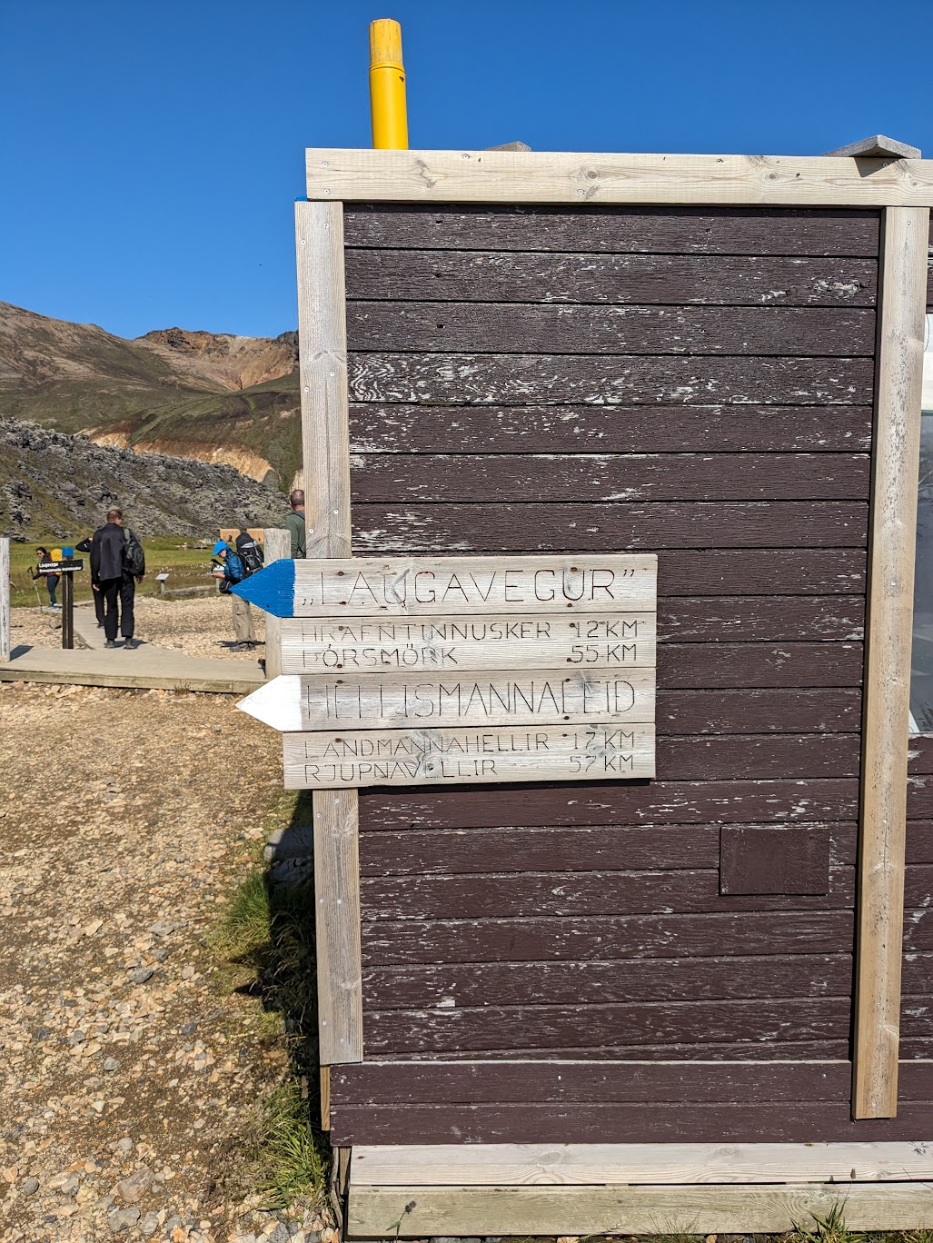 Image of signs indicating the direction to the first camp 'Hrafntinnusker' (12km) and end camp 'Þórsmörk' (55km).
